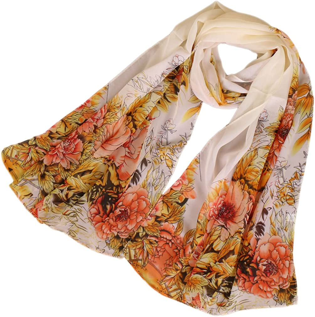 LMVERNA Chiffon Flower Scarf Women'S Floral Scarves Printe Chiffon Scarf Polka Dot Shawls Long Scarf Wrap Apparel & Accessories > Clothing Accessories > Scarves & Shawls LMVERNA Beige+yellow  