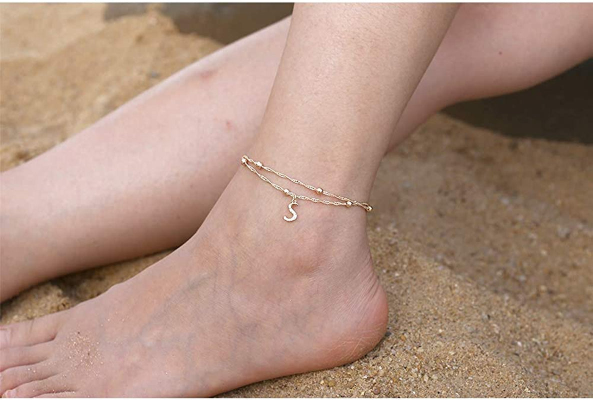 MONOOC Initial Ankle Bracelets for Women，14K Real Gold Plated Layered Beaded Chain Anklet Gold Anklets for Women CZ Initial Anklet Beach Summer Anklet Foot Jewelry Teen Girl Gifts Apparel & Accessories > Jewelry > Anklets MONOOC   