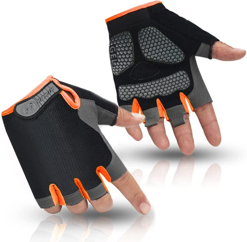 Huwaih Cycling Gloves for Men/Women anti Slip Shock Absorbing Biking Gloves Half Finger Gel Pad Bicycle Gloves Breathable Bike Gloves Apparel & Accessories > Clothing Accessories > Gloves & Mittens HuwaiH Black/Orange M (Palm Width: 3.35"-3.55") 