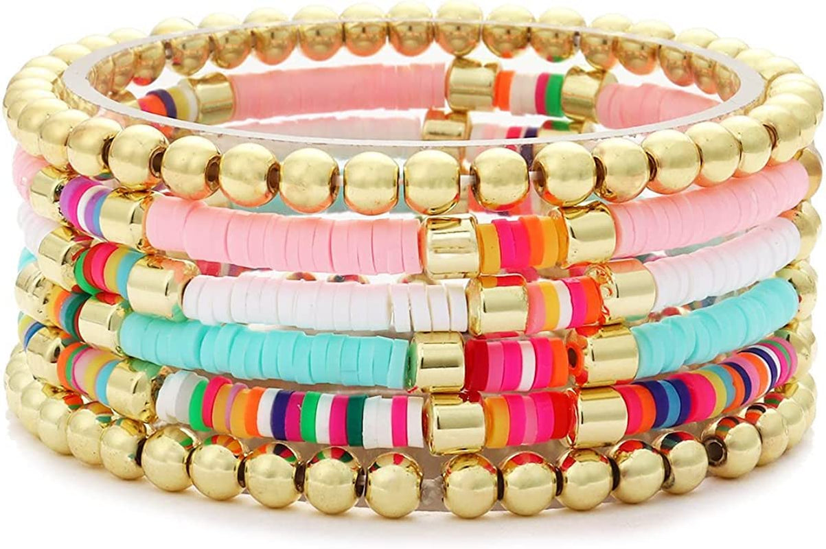 Colorful Beaded Bracelet for Women Heishi Bracelet Set Assorted Gold Bead Stackable Stretch Strand Bracelet Apparel & Accessories > Jewelry > Bracelets WETMT Rainbow 4pc gold 2pc  