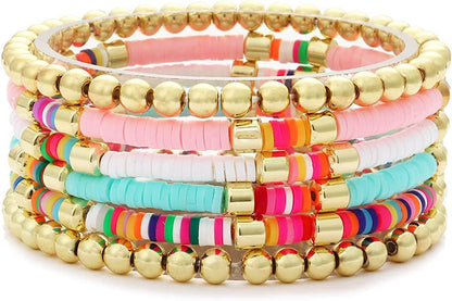 Colorful Beaded Bracelet for Women Heishi Bracelet Set Assorted Gold Bead Stackable Stretch Strand Bracelet Apparel & Accessories > Jewelry > Bracelets WETMT Rainbow 4pc gold 2pc  