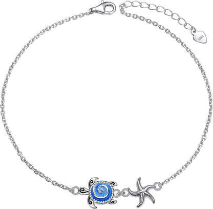 Flyow Anklet for Women S925 Sterling Silver Adjustable Foot Beaded Infinity/Heart/Angel Wing/Turtle Ankle Bracelet Anklets Jewelry Gift Apparel & Accessories > Jewelry > Anklets Silver Light Jewelry turtle&starfish  