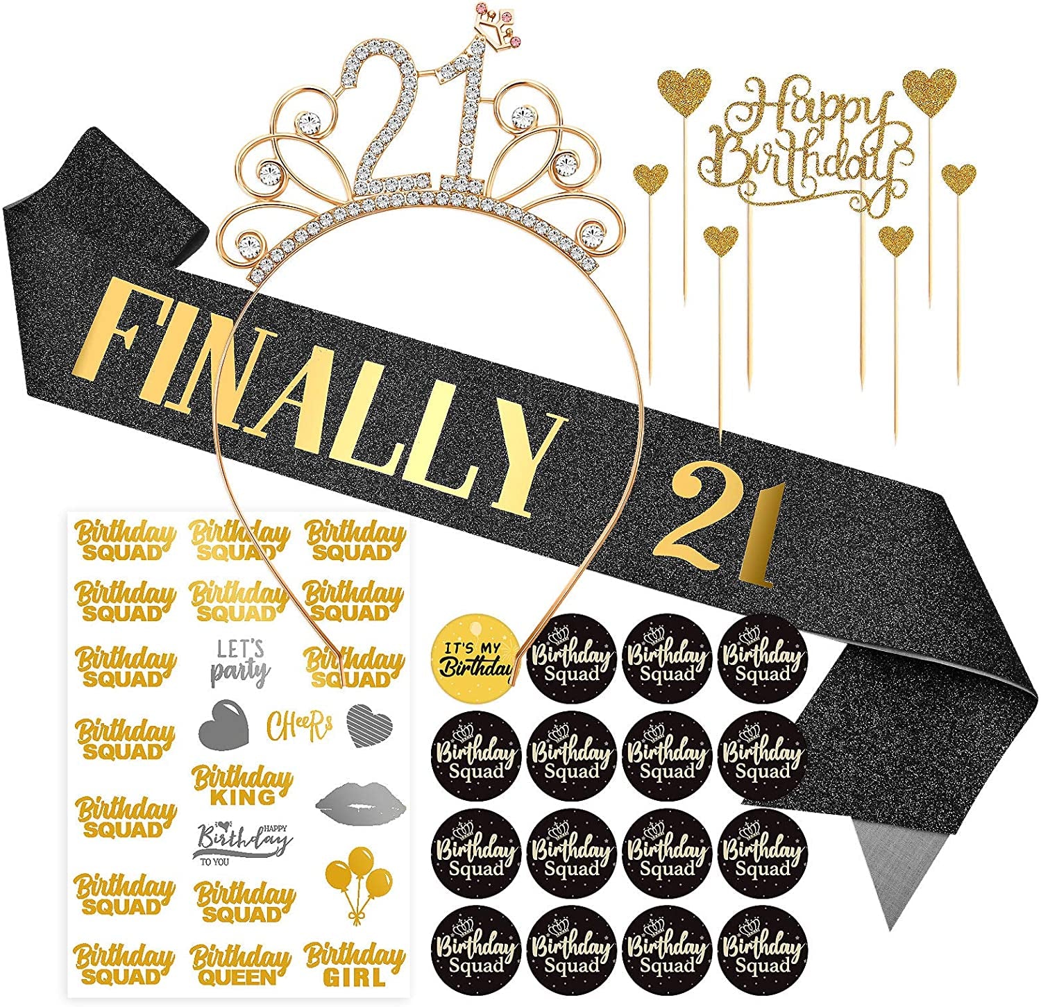Black Birthday Sash Crowns Tiara Headband for Women - Birthday Buttons Pins Badges Gifts for Girl Birthday Party Supplies Apparel & Accessories > Clothing Accessories > Sashes ERTREE 21st Birthday  