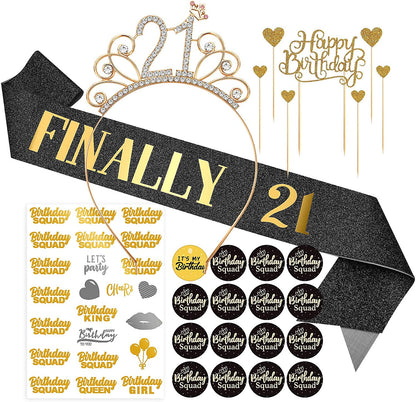 Black Birthday Sash Crowns Tiara Headband for Women - Birthday Buttons Pins Badges Gifts for Girl Birthday Party Supplies Apparel & Accessories > Clothing Accessories > Sashes ERTREE 21st Birthday  