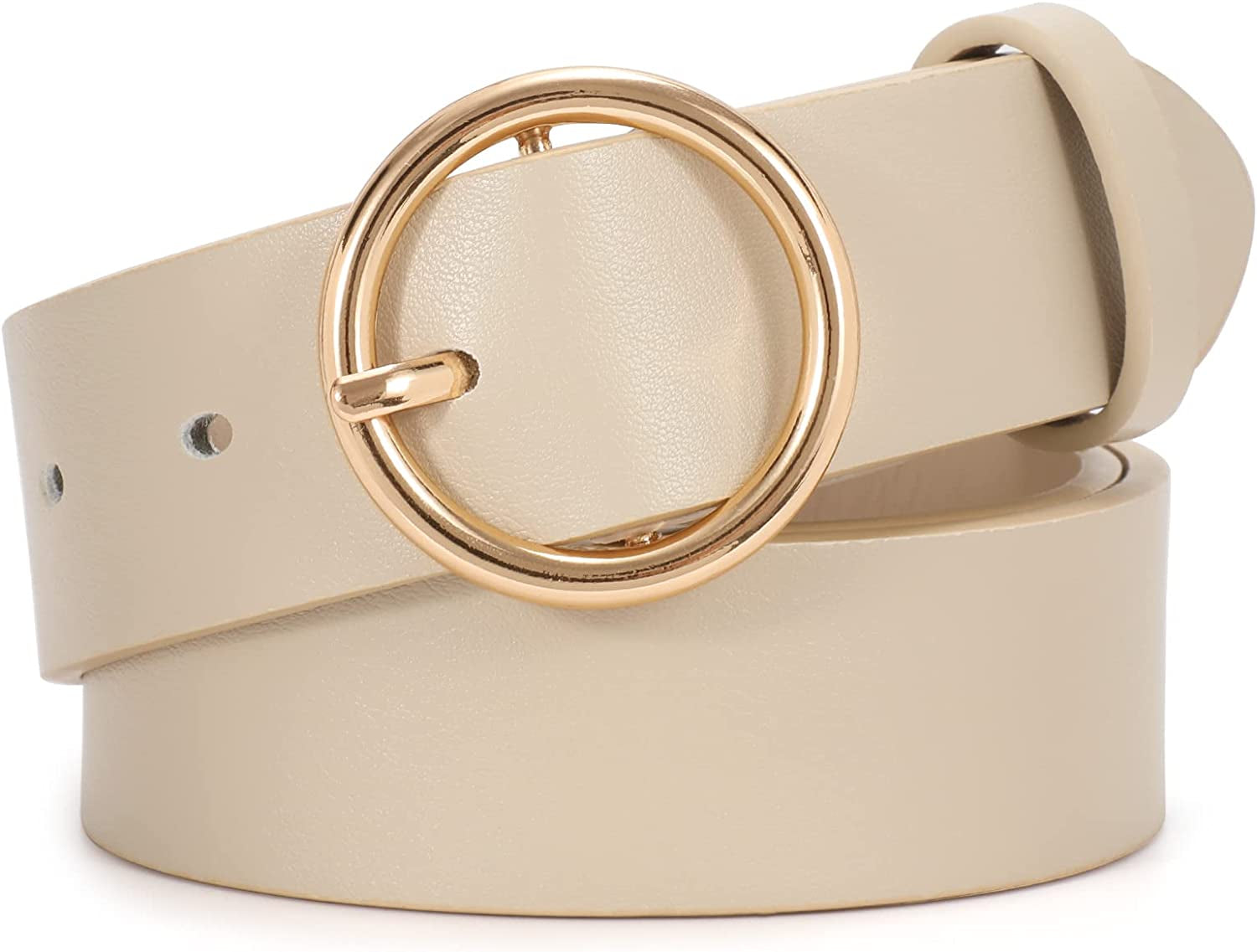 Fashion Women Leather Belt for Dresses Jeans Pants with Classic round Buckle by SUOSDEY… Apparel & Accessories > Clothing Accessories > Belts SUOSDEY 09-beige Suitable for 40"-44" Waist 