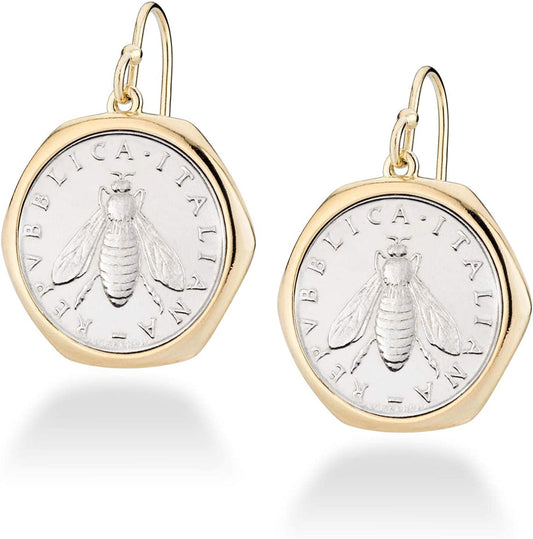 Miabella 18K Gold over Sterling Silver Italian Genuine 2-Lira Bee Coin Retro Dangle Drop Earrings for Women 925 Made in Italy Apparel & Accessories > Jewelry > Earrings Miabella   