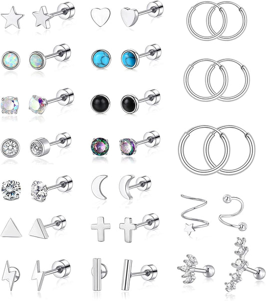 20G Stainless Steel Stud Earrings for Women Men CZ Heart Star Moon Flat Back Earrings Cartilage Earrings Stud Hoops Helix Tragus Daith Earrings Piercing Jewelry Silver Tone