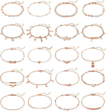 20Pcs Ankle Bracelets for Women Silver Gold Anklet Set Boho Anklets Bracelets Layered Adjustable Chain Beach Barefoot Foot Jewelry Apparel & Accessories > Jewelry > Anklets KOHOTA Rose gold color  