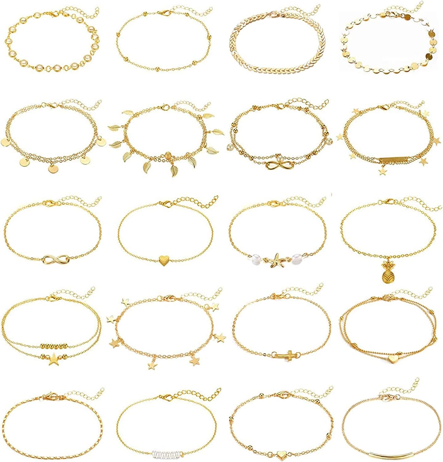 20Pcs Ankle Bracelets for Women Silver Gold Anklet Set Boho Anklets Bracelets Layered Adjustable Chain Beach Barefoot Foot Jewelry Apparel & Accessories > Jewelry > Anklets KOHOTA Gold color  