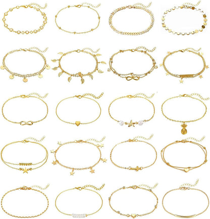 20Pcs Ankle Bracelets for Women Silver Gold Anklet Set Boho Anklets Bracelets Layered Adjustable Chain Beach Barefoot Foot Jewelry Apparel & Accessories > Jewelry > Anklets KOHOTA Gold color  