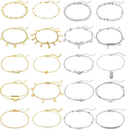 20Pcs Ankle Bracelets for Women Silver Gold Anklet Set Boho Anklets Bracelets Layered Adjustable Chain Beach Barefoot Foot Jewelry Apparel & Accessories > Jewelry > Anklets KOHOTA gold and silver color  