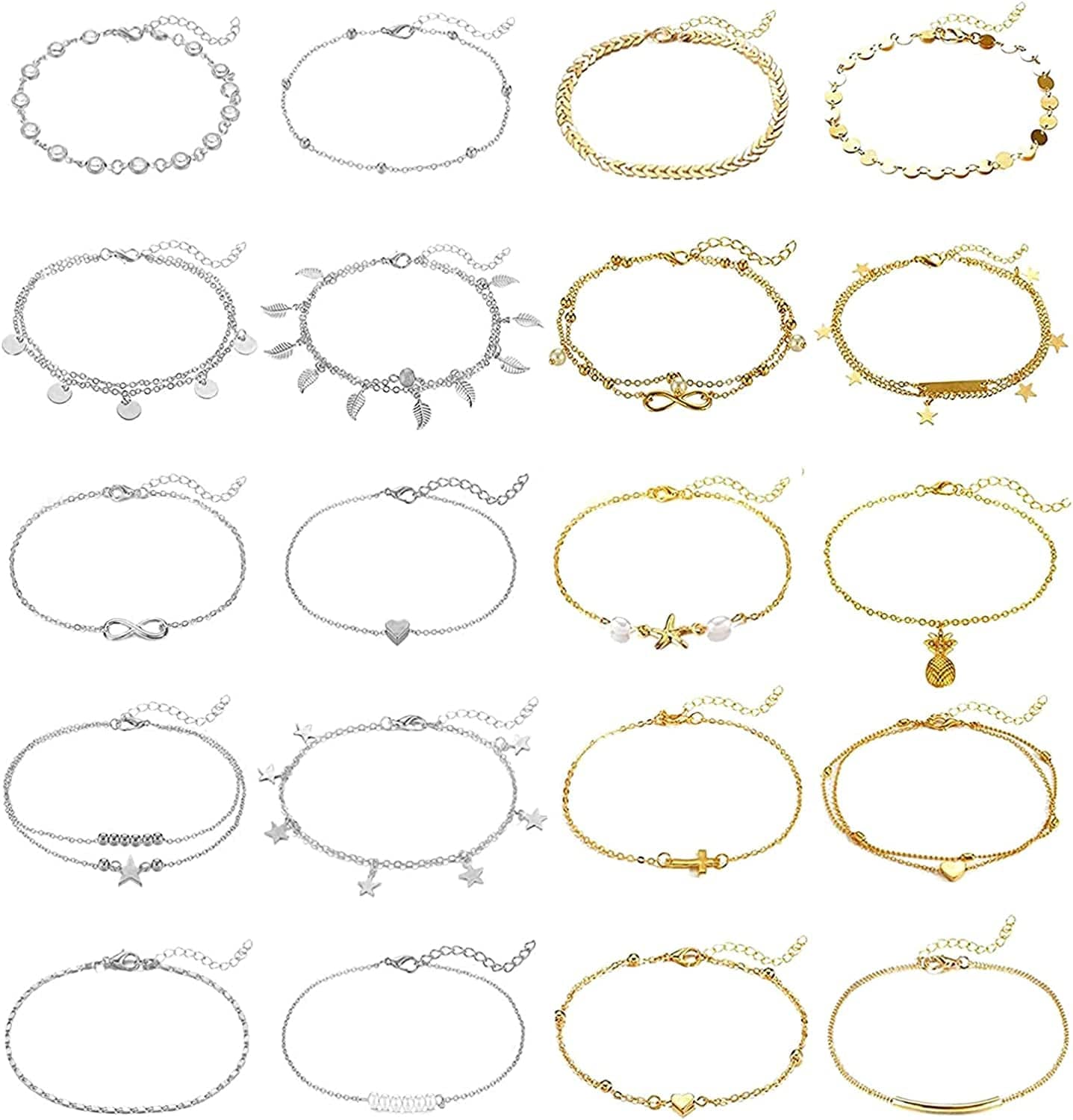 20Pcs Ankle Bracelets for Women Silver Gold Anklet Set Boho Anklets Bracelets Layered Adjustable Chain Beach Barefoot Foot Jewelry Apparel & Accessories > Jewelry > Anklets KOHOTA Silver and gold color  