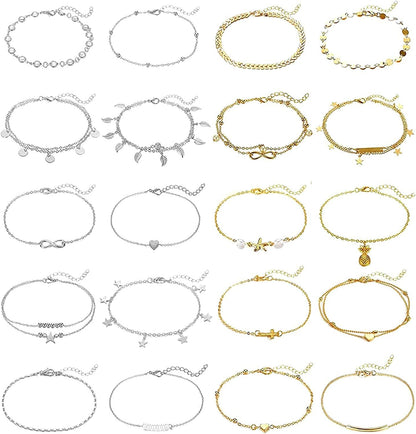20Pcs Ankle Bracelets for Women Silver Gold Anklet Set Boho Anklets Bracelets Layered Adjustable Chain Beach Barefoot Foot Jewelry Apparel & Accessories > Jewelry > Anklets KOHOTA Silver and gold color  