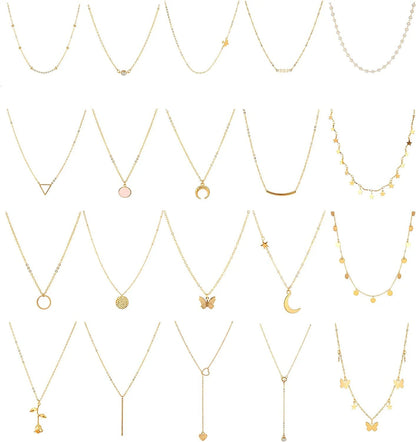 20PCS Layered Choker Necklaces for Women,Gold Silver Coin Bar Pendant Y Necklace Multilayer Cute Moon Star Pearl Necklace Adjustable Chain Choker Necklaces Set for Teen Girls Women Gold