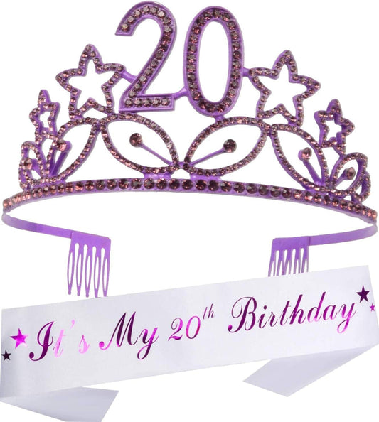 20Th Birthday Sash and Tiara for Girls - Fabulous Set: Glitter Sash + Stars Rhinestone Purple Premium Metal Tiara for Girls, 20Th Birthday Gifts for 20Th Birthday Party Apparel & Accessories > Clothing Accessories > Sashes MEANT2TOBE   