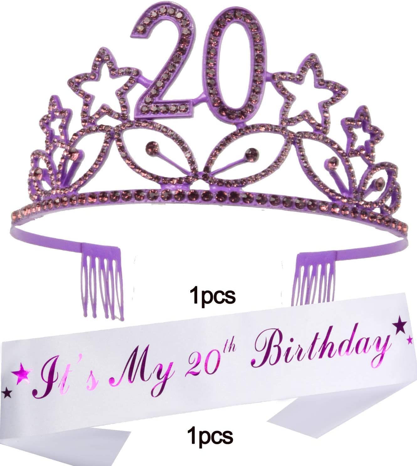 20Th Birthday Sash and Tiara for Girls - Fabulous Set: Glitter Sash + Stars Rhinestone Purple Premium Metal Tiara for Girls, 20Th Birthday Gifts for 20Th Birthday Party Apparel & Accessories > Clothing Accessories > Sashes MEANT2TOBE   