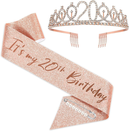 20Th Birthday Sash and Tiara for Girls, Rose Gold Birthday Sash Crown 20 & Fabulous Sash and Tiara, 20Th Birthday Gifts for Happy 20Th Birthday Party Favor Supplies Apparel & Accessories > Clothing Accessories > Sashes BRT Bearingshui   