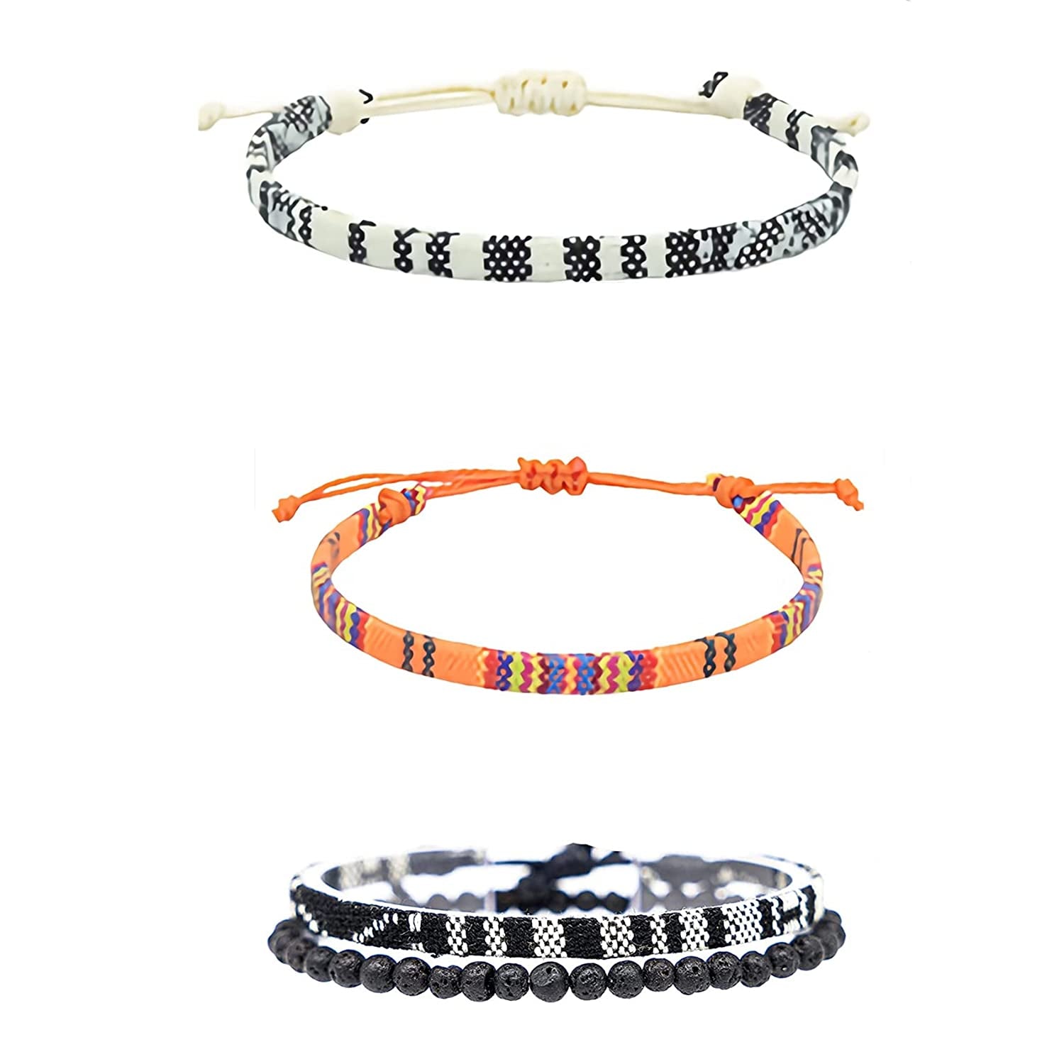 Bracelets for Men-2 Surfer Beach Bracelet Set-Holiday Gift-Hand Made Boho Bracelets -Outdoor Sports Men'S and Women'S Anklet -Ethnic Hippie Style Accessories Apparel & Accessories > Jewelry > Bracelets MEINESQIS black + orange + lava stone + white  