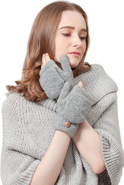 BYOS Women'S Winter Cozy Diamond Pattern Fleece Lined Flip Top Convertible Knit Gloves Mittens Apparel & Accessories > Clothing Accessories > Gloves & Mittens Be Your Own Style Heather Gray  