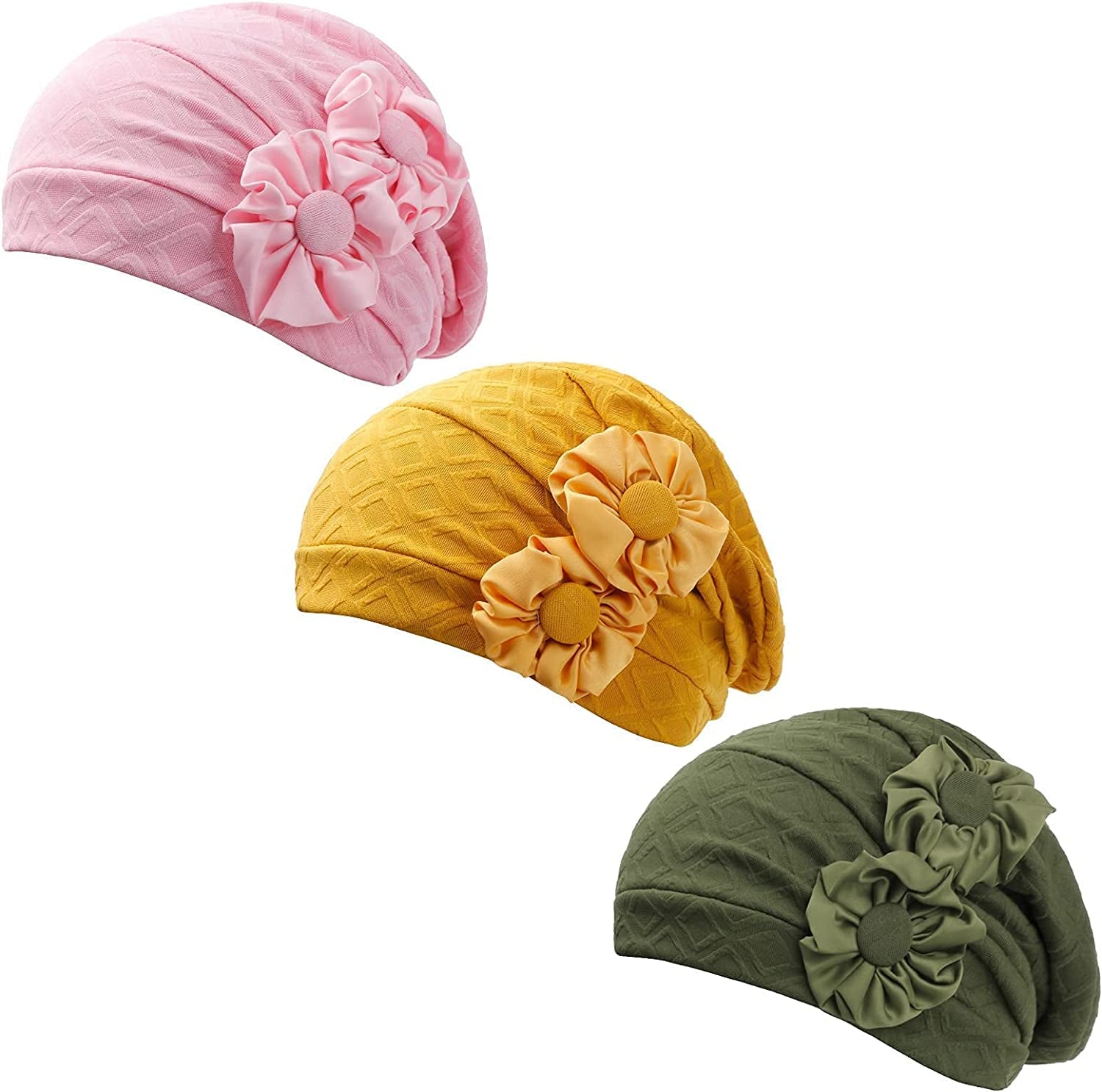 HONENNA Chemo Caps Headwear for Women Turbans Beanies Flowers Hats Headwrap for Cancer Patient Hair Loss Apparel & Accessories > Clothing Accessories > Headwear HONENNA Flower:3 Pack[green+yellow+pink]  