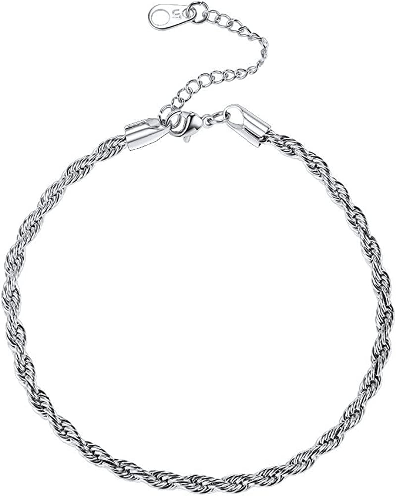Women Girls Barefoot Jewelry 18K Gold or Rose Gold Stainless Steel Heart / Rope / Figaro / Cuban Chain Anklet Foot Bracelet, 25-30 CM Long Apparel & Accessories > Jewelry > Anklets U7 Jewelry 04.Stainless-3mm rope chain  