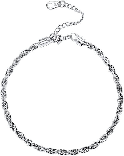 Women Girls Barefoot Jewelry 18K Gold or Rose Gold Stainless Steel Heart / Rope / Figaro / Cuban Chain Anklet Foot Bracelet, 25-30 CM Long Apparel & Accessories > Jewelry > Anklets U7 Jewelry 04.Stainless-3mm rope chain  
