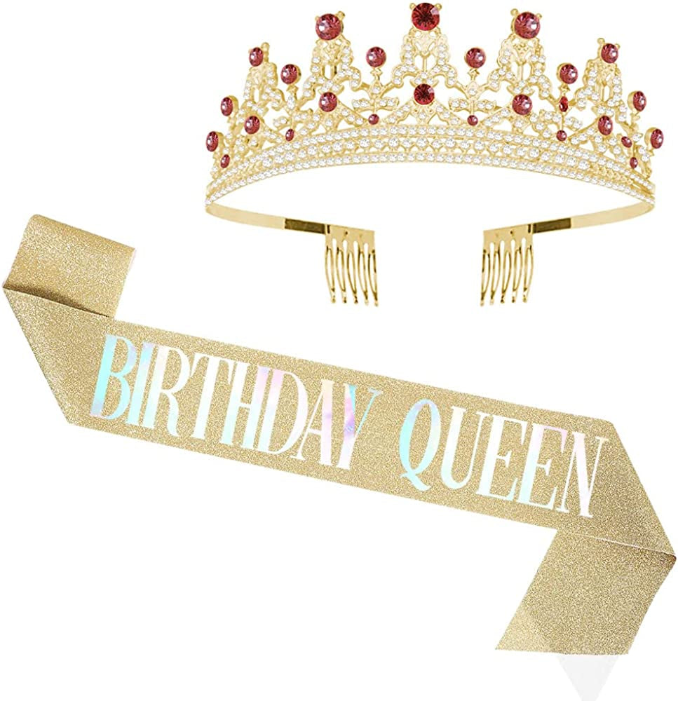 LATFZ Birthday Bitch Sash & Crown Tiara Kit - Black Glitter Birthday Sash Birthday Gifts for Women Birthday Party Supplies Apparel & Accessories > Clothing Accessories > Sashes LATFZ New Birhtday Queen,golden  