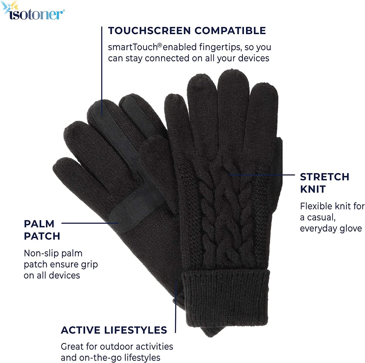 Isotoner Women'S Cable Knit Gloves with Touchscreen Palm Patches Apparel & Accessories > Clothing Accessories > Gloves & Mittens KYLIE MAX   