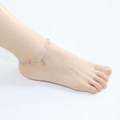 Nobrand Crystal Stainless Steel Anklet Color Beaded Dainty Hanging Bells Cute Charm Adjustable Beach Double Layer Foot Chain for Women Teen Girls, 8.26 Inch+2.36 Inches Apparel & Accessories > Jewelry > Anklets nobrand   