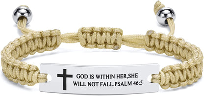 VNOX Personalized Inspirational Bracelet for Women Men - Engarved Handmade Rope Adjustable Bracelet Encouragement Motivational Gift Apparel & Accessories > Jewelry > Bracelets VNOX Jewelry Beige god is within her,she will not fall.psalm 46:5 