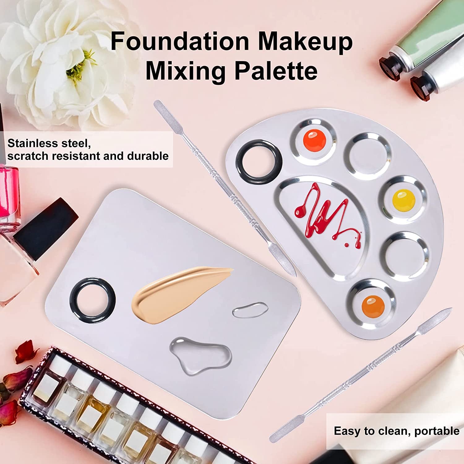 Makeup Palette, Makeup Mixing Palette, Stainless Steel Metal Foundation Palette with Spatula Artist Tool for Mixing Foundation Nail-Art, Cosmetic Mixing Makeup Palette, Makeup Plate, 6×4"/Silver/2Pcs Health & Beauty > Personal Care > Cosmetics > Cosmetic Tools > Makeup Tools LQ-TT-CY-CX   