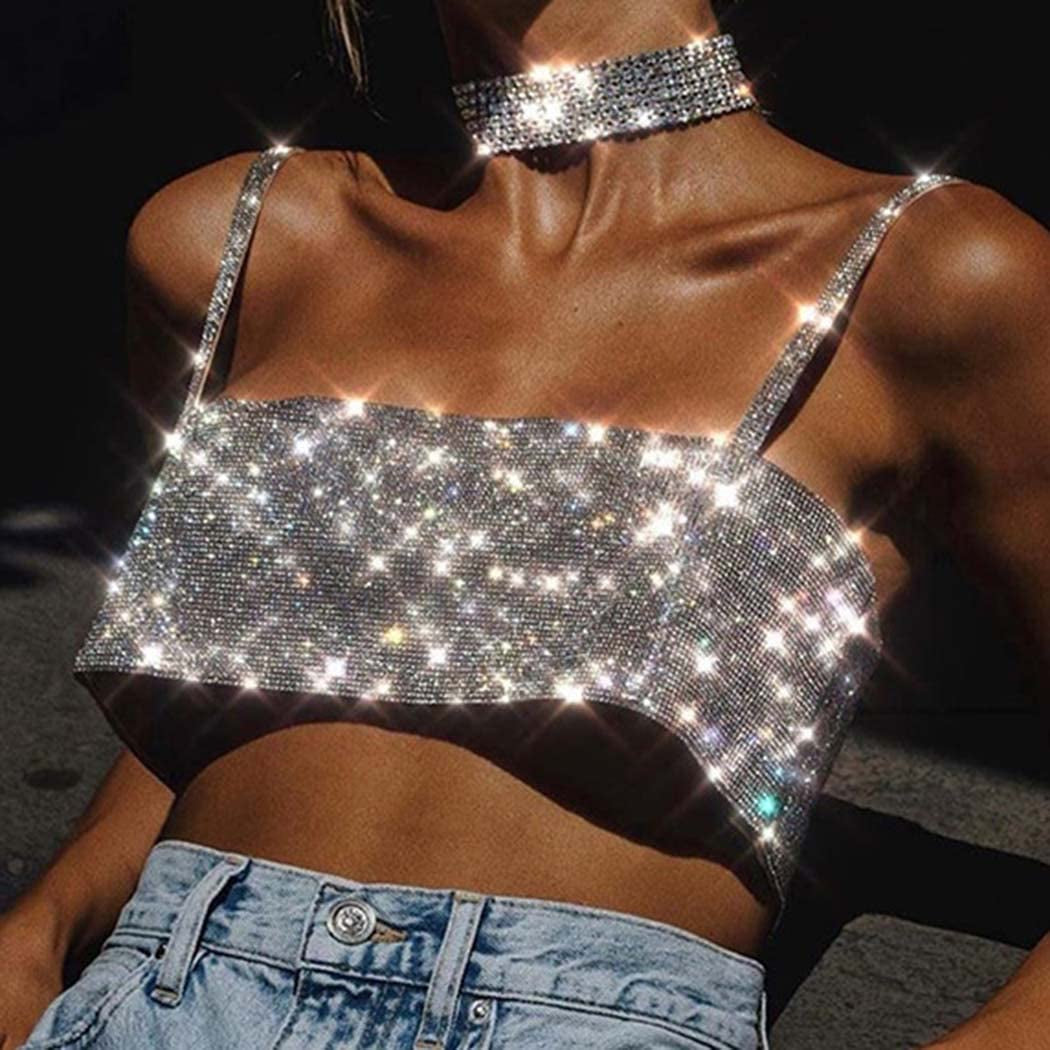 Jeweky Rhinestone Crop Top Sparkly Body Chain Silver Bra Chain Backless Chest Chains Rave Party Body Jewelry Accessories for Women Apparel & Accessories > Jewelry > Body Jewelry JEWEKY   