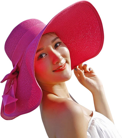 Lanzom Womens 5.5 Inches Big Bowknot Straw Hat Large Floppy Foldable Roll up Beach Cap Sun Hat UPF 50+ Apparel & Accessories > Clothing Accessories > Hats Lanzom Rose One Size 