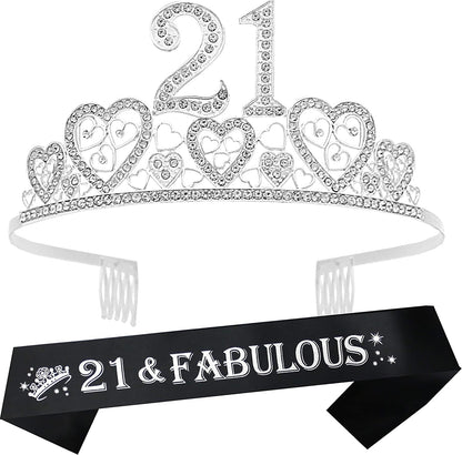 21St Birthday Sash and Tiara for Girls - Fabulous Set: Glitter Sash + Hearts Rhinestone Silver Premium Metal Tiara for Girls, 21St Birthday Gifts for 21St Birthday Party Apparel & Accessories > Clothing Accessories > Sashes VeryMerryMakering Silver  
