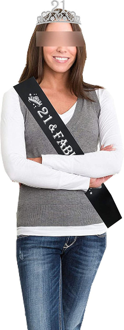 21St Birthday Sash and Tiara for Girls - Fabulous Set: Glitter Sash + Hearts Rhinestone Silver Premium Metal Tiara for Girls, 21St Birthday Gifts for 21St Birthday Party Apparel & Accessories > Clothing Accessories > Sashes VeryMerryMakering   
