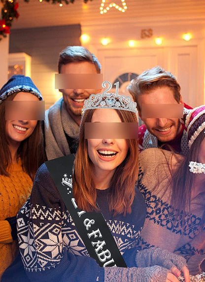 21St Birthday Sash and Tiara for Girls - Fabulous Set: Glitter Sash + Hearts Rhinestone Silver Premium Metal Tiara for Girls, 21St Birthday Gifts for 21St Birthday Party Apparel & Accessories > Clothing Accessories > Sashes VeryMerryMakering   