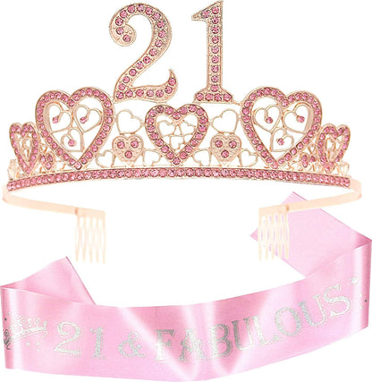21St Birthday Sash and Tiara for Girls - Fabulous Set: Glitter Sash + Hearts Rhinestone Silver Premium Metal Tiara for Girls, 21St Birthday Gifts for 21St Birthday Party Apparel & Accessories > Clothing Accessories > Sashes VeryMerryMakering Pink  