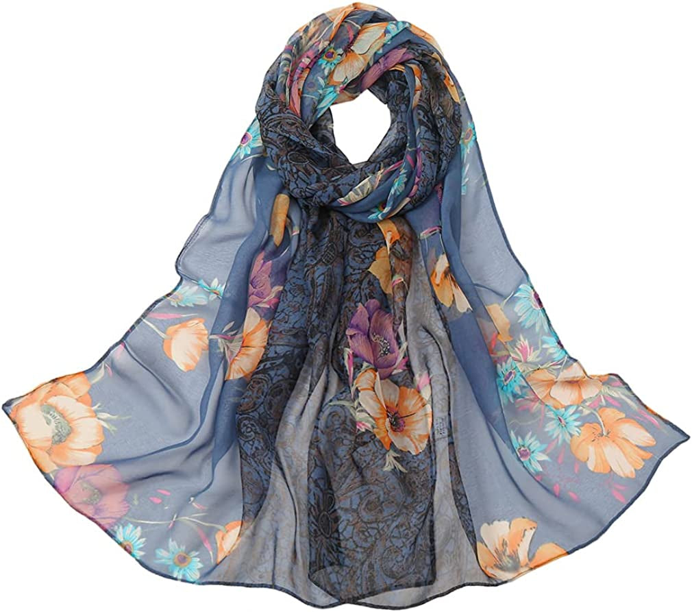 LMVERNA Chiffon Flower Scarf Women'S Floral Scarves Printe Chiffon Scarf Polka Dot Shawls Long Scarf Wrap Apparel & Accessories > Clothing Accessories > Scarves & Shawls LMVERNA Georgie Flower&navy  