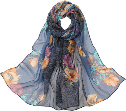 LMVERNA Chiffon Flower Scarf Women'S Floral Scarves Printe Chiffon Scarf Polka Dot Shawls Long Scarf Wrap Apparel & Accessories > Clothing Accessories > Scarves & Shawls LMVERNA Georgie Flower&navy  