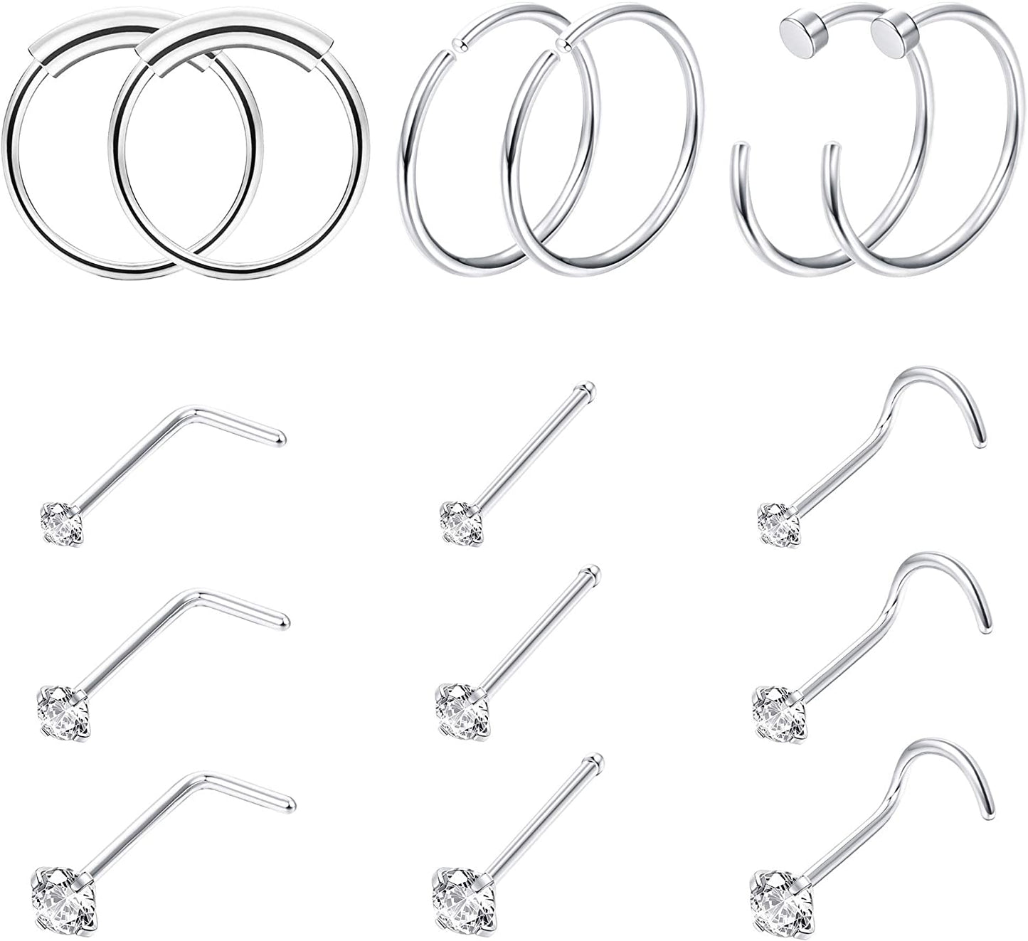 FINREZIO 15PCS 22G Surgical Steel Nose Rings Hoop Studs Cartilage Earrings Body Piercing Jewelry 1.5Mm 2Mm 2.5Mm CZ Apparel & Accessories > Jewelry > Rings FINREZIO A.Silver Nose Ring  