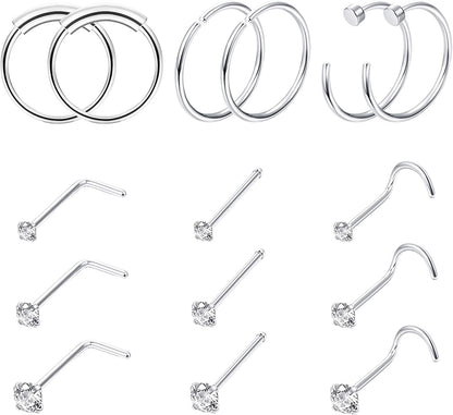 FINREZIO 15PCS 22G Surgical Steel Nose Rings Hoop Studs Cartilage Earrings Body Piercing Jewelry 1.5Mm 2Mm 2.5Mm CZ Apparel & Accessories > Jewelry > Rings FINREZIO A.Silver Nose Ring  