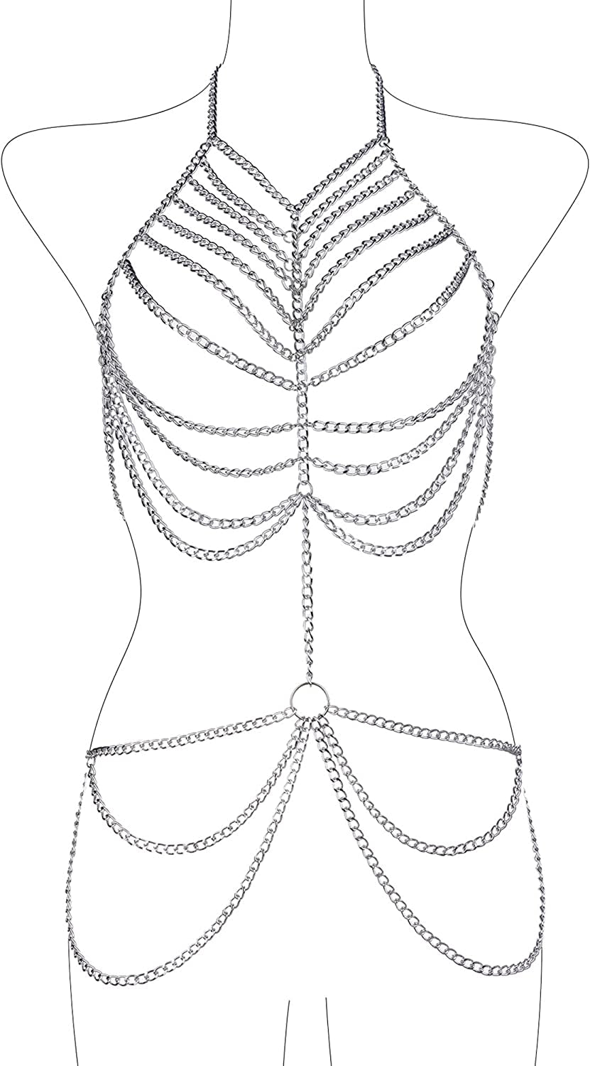 Ccbodily Body Chain Jewelry for Women - Fashion Boho Backless Full Body Chain Belly Chain Jewelry Set for Costume Party Apparel & Accessories > Jewelry > Body Jewelry CCbodily Style-1-Silver  