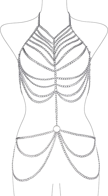 Ccbodily Body Chain Jewelry for Women - Fashion Boho Backless Full Body Chain Belly Chain Jewelry Set for Costume Party Apparel & Accessories > Jewelry > Body Jewelry CCbodily Style-1-Silver  