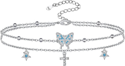 Butterfly Anklet for Women 925 Sterling Silver Layered Anklets Bracelets Adjustable Summer Beach Anklets Jewelry Gifts for Women Girls Wife Grandmother Apparel & Accessories > Jewelry > Anklets Allurelady Cross Butterfly  