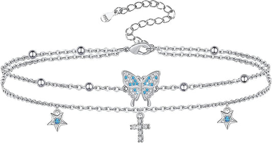 Butterfly Anklet for Women 925 Sterling Silver Layered Anklets Bracelets Adjustable Summer Beach Anklets Jewelry Gifts for Women Girls Wife Grandmother Apparel & Accessories > Jewelry > Anklets Allurelady Cross Butterfly  
