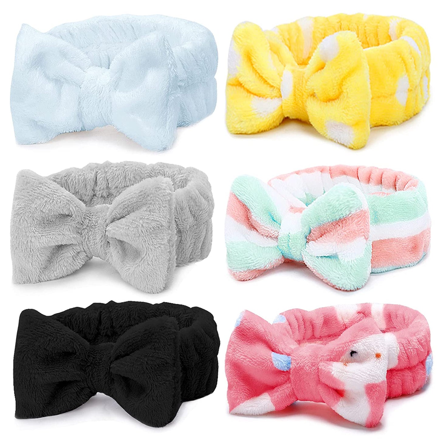 Spa Headband – 6 Pack Bow Hair Band Women Facial Makeup Head Band Soft Coral Fleece Head Wraps for Shower Washing Face Apparel & Accessories > Clothing Accessories > Bandanas & Headties LADES Multi-colored G  