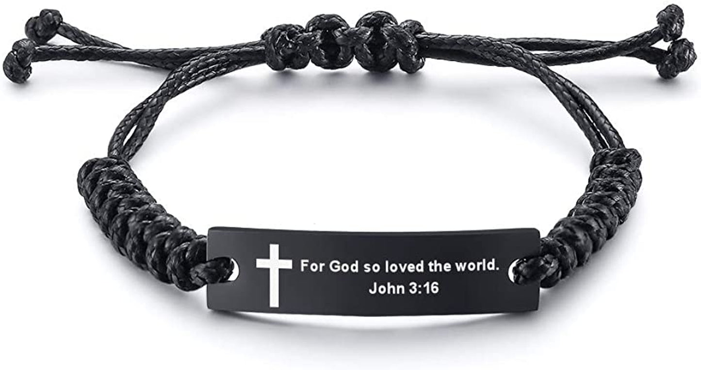 Personalized Unisex Religious Bible Verse Scripture Quotes Bracelet Faith Christian Adjustable Cord Stainless Steel Encourage Inspirational ID Bracelets for Men Women, Christmas Gift Customized Apparel & Accessories > Jewelry > Bracelets Mealguet For God so loved the world. John 3:16  
