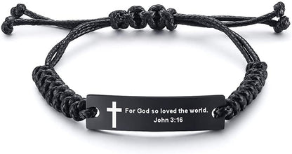 Personalized Unisex Religious Bible Verse Scripture Quotes Bracelet Faith Christian Adjustable Cord Stainless Steel Encourage Inspirational ID Bracelets for Men Women, Christmas Gift Customized Apparel & Accessories > Jewelry > Bracelets Mealguet For God so loved the world. John 3:16  