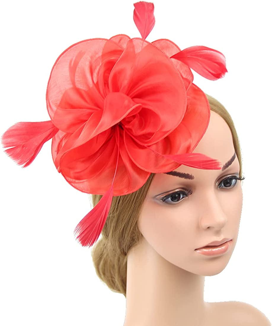 Women Flower Fascinator Hat Wedding Bridal Fascinators Tea Party Hat Feather Fascinator Headband Headwear for Evening Church Apparel & Accessories > Clothing Accessories > Headwear STbest Red  