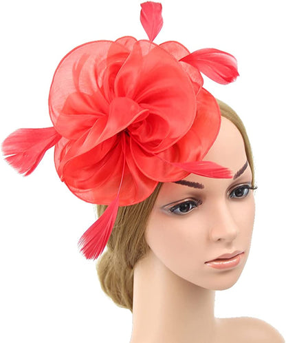 Women Flower Fascinator Hat Wedding Bridal Fascinators Tea Party Hat Feather Fascinator Headband Headwear for Evening Church Apparel & Accessories > Clothing Accessories > Headwear STbest Red  